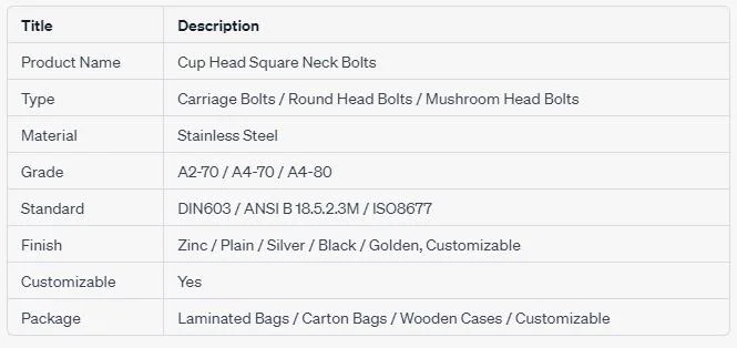 Round Head Square Neck Bolts Mushroom Head with DIN 603 Standard Grade 4.6 4.8 8.8 M6 8 10 12 Customizable Product From Factory